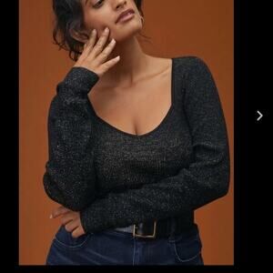 NWT Anthropologie Black gold metallic sweetheart ribbed sweater scoop square L